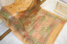 Hand Embroidery Lambani Stitch Work Blended Silk Saree in Parmesan, Green and Multicolored