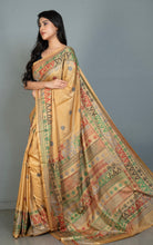 Hand Embroidery Lambani Stitch Work Blended Silk Saree in Parmesan, Green and Multicolored