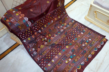 Hand Embroidery Lambani Stitch Work Blended Silk Saree in Persian Plum, Off White and Multicolored