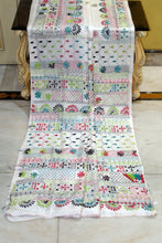 Hand Embroidery Lambani Stitch Work Blended Silk Saree in Off White, Rama Green and Multicolored