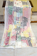Hand Embroidery Lambani Stitch Work Blended Silk Saree in Off White, Black and Multicolored