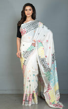 Hand Embroidery Lambani Stitch Work Blended Silk Saree in Off White, Black and Multicolored
