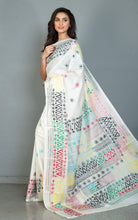 Hand Embroidery Lambani Stitch Work Blended Silk Saree in Off White, Black and Multicolored