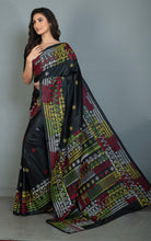 Hand Embroidery Lambani Stitch Work Blended Silk Saree in Black, Red and Multicolored