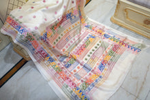 Hand Embroidery Lambani Stitch Work Blended Silk Saree in Off White, Red and Multicolored