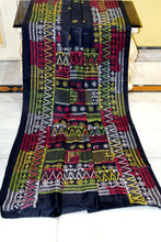 Hand Embroidery Lambani Stitch Work Blended Silk Saree in Black, Red and Multicolored