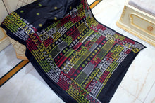 Hand Embroidery Lambani Stitch Work Blended Silk Saree in Black, Red and Multicolored