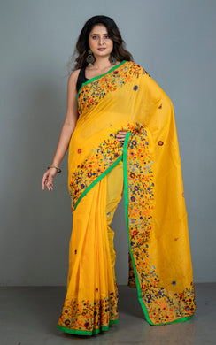 Hand Embroidery Cotton Chanderi Parsi Work Saree in Yellow, Green and Multicolored Thread Work