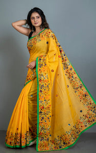 Hand Embroidery Cotton Chanderi Parsi Work Saree in Yellow, Green and Multicolored Thread Work