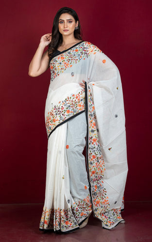 Hand Embroidery Cotton Chanderi Parsi Work Saree in White, Black and Multicolored Thread Work