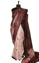 Hand Batik Soft Pure Tussar Silk Saree in Beige, Mahogany Brown, Red and Multicolored