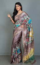 Premium Quality Tussar Kalamkari Silk Saree with Hand Kantha and Kutch Work in Viola Purple, Beige, Congo Brown and Multicolored