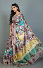 Premium Quality Tussar Kalamkari Silk Saree with Hand Kantha and Kutch Work in Viola Purple, Beige, Congo Brown and Multicolored