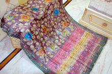 Premium Quality Tussar Kalamkari Silk Saree with Hand Kantha and Lambani Work in Viola Purple, Jade Green and Multicolored
