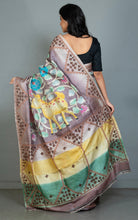 Premium Quality Tussar Kalamkari Silk Saree with Hand Kantha and Kutch Work in Viola Purple, Beige, Congo Brown and Multicolored