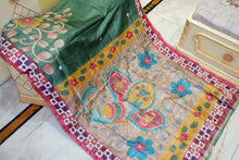 Premium Quality Tussar Kalamkari Silk Saree with Hand Kantha and Kutch Work in Cactus Green, Red and Multicolored