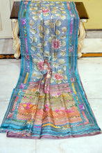 Premium Quality Tussar Kalamkari Silk Saree with Hand Kantha and Lambani Work in Gull Grey, Glacial Blue and Multicolored