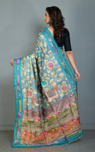Premium Quality Tussar Kalamkari Silk Saree with Hand Kantha and Lambani Work in Gull Grey, Glacial Blue and Multicolored