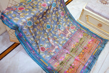 Premium Quality Tussar Kalamkari Silk Saree with Hand Kantha and Lambani Work in Gull Grey, Glacial Blue and Multicolored