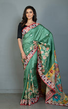 Premium Quality Tussar Kalamkari Silk Saree with Hand Kantha and Kutch Work in Cactus Green, Red and Multicolored