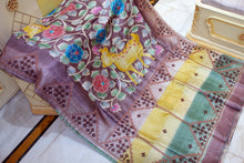 Premium Quality Tussar Kalamkari Silk Saree with Hand Kantha and Kutch Work in Viola Purple, Beige, Congo Brown and Multicolored