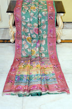Premium Quality Tussar Kalamkari Silk Saree with Hand Kantha and Lambani Work in Mineral Green, Brick Red and Multicolored