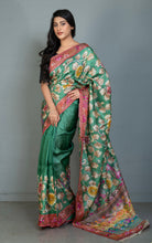 Premium Quality Tussar Kalamkari Silk Saree with Hand Kantha and Lambani Work in Green, Brick Red and Multicolored