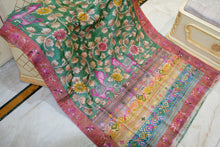 Premium Quality Tussar Kalamkari Silk Saree with Hand Kantha and Lambani Work in Mineral Green, Brick Red and Multicolored