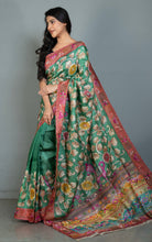 Premium Quality Tussar Kalamkari Silk Saree with Hand Kantha and Lambani Work in Green, Brick Red and Multicolored