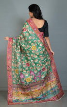Premium Quality Tussar Kalamkari Silk Saree with Hand Kantha and Lambani Work in Green, Brick Red and Multicolored