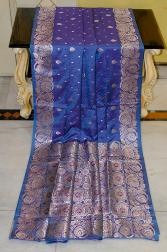 Jamawar Satin Tanchui Katan Silk Sari in Dusky Blue and Palatinate Purple