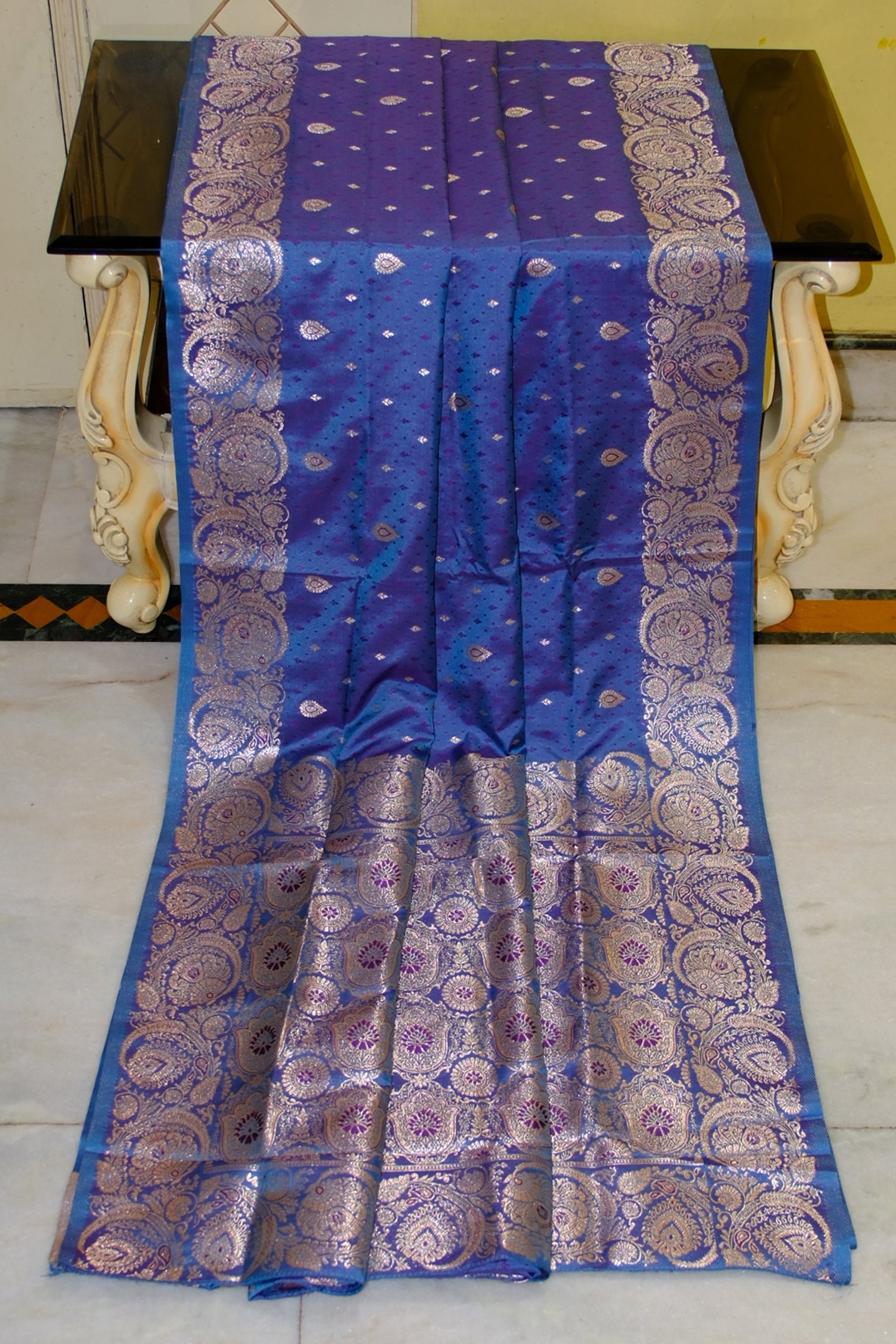 Jamawar Satin Tanchui Katan Silk Sari in Dusky Blue and Palatinate Purple