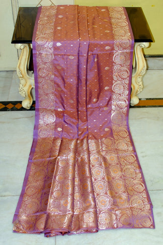 Jamawar Satin Tanchui Katan Silk Sari in Turkish Rose and Sienna Brown