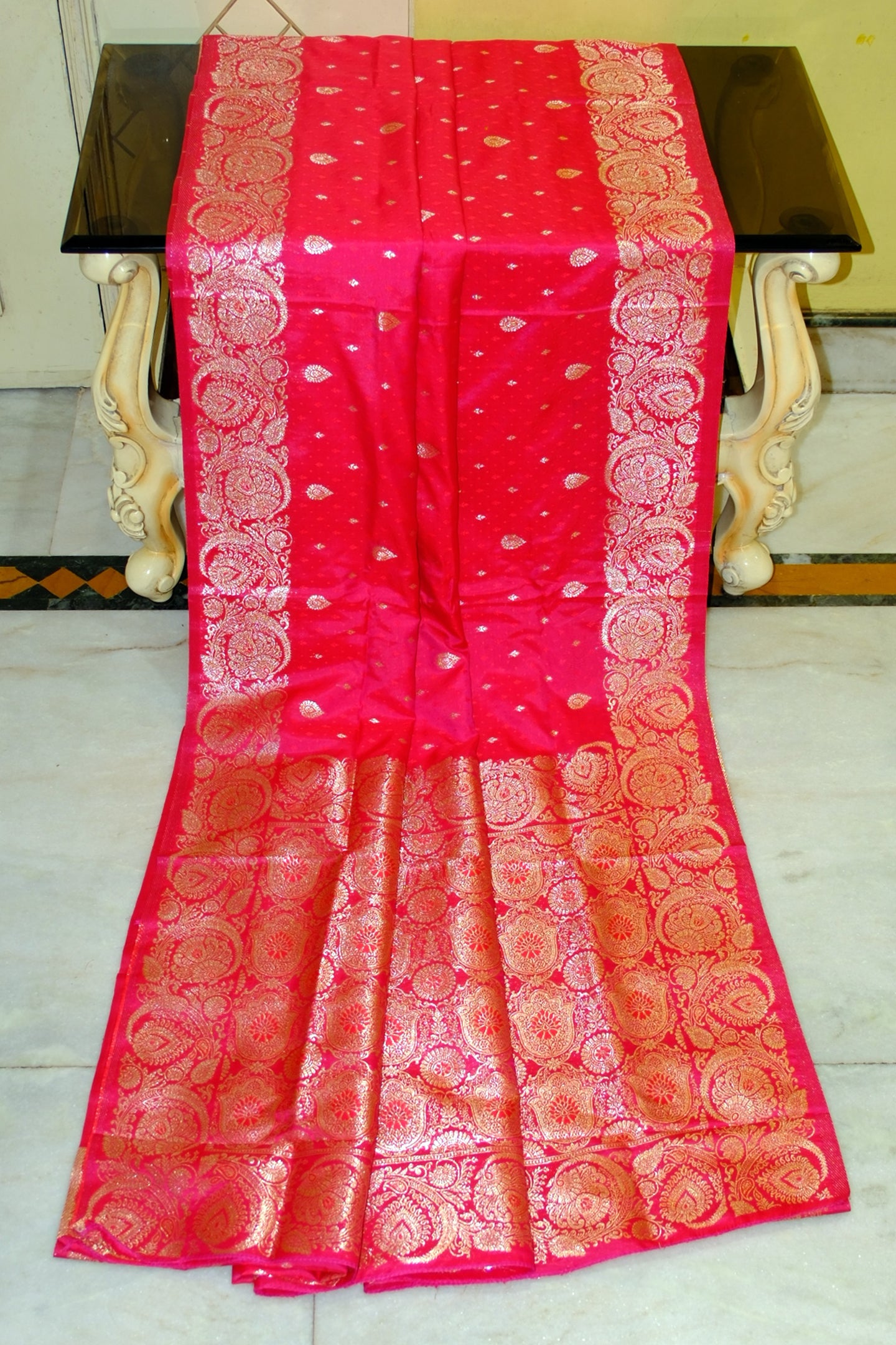 Jamawar Satin Tanchui Katan Silk Sari in Cerise Pink and Red