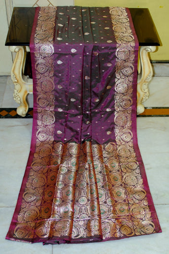 Jamawar Satin Tanchui Katan Silk Sari in Grape Purple and Bottle Green