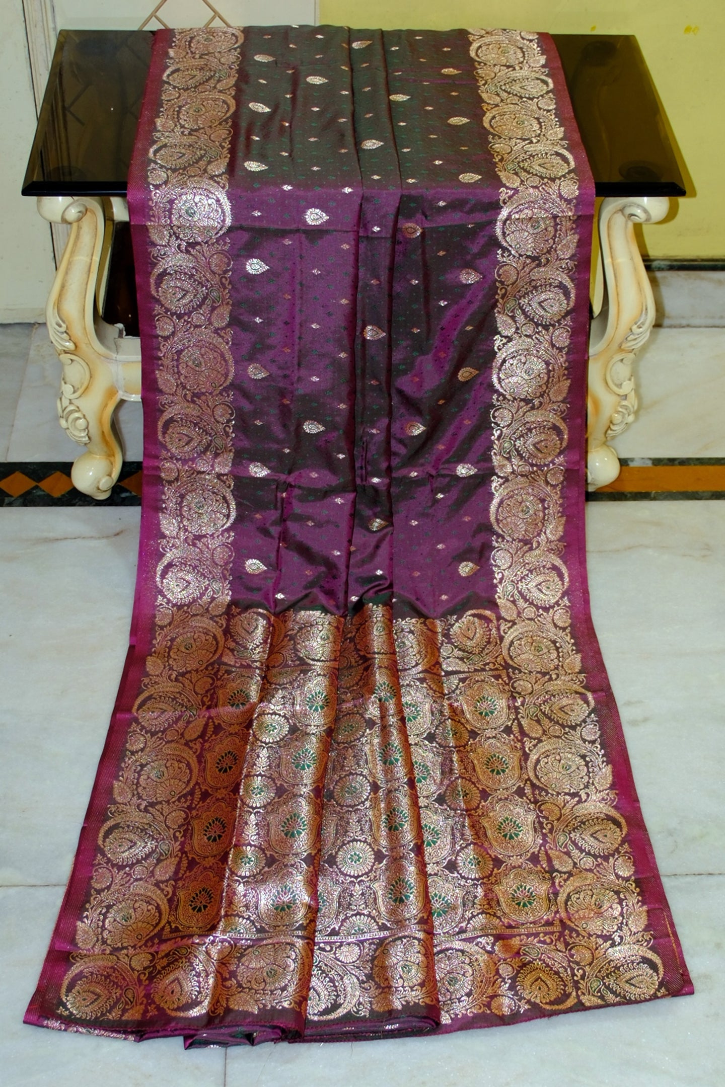Jamawar Satin Tanchui Katan Silk Sari in Grape Purple and Bottle Green