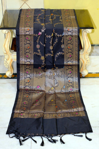 Traditional Jaal Work Softy Katan Silk Saree in Black, Matt Golden and Multicolored