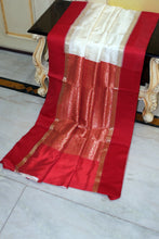 Traditional Kadiyal Katan Silk Saree in Off White, Red and Golden Zari Nakshi Work