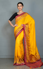 Position Print Thread Work Designer Soft Kani Silk Saree in Bright Yellow, Antique Golden and Multicolored