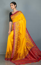 Position Print Thread Work Designer Soft Kani Silk Saree in Bright Yellow, Antique Golden and Multicolored