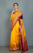 Position Print Thread Work Designer Soft Kani Silk Saree in Bright Yellow, Antique Golden and Multicolored