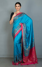 Position Print Thread Work Designer Soft Kani Silk Saree in Cerulean Blue, Antique Golden and Multicolored