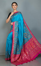 Position Print Thread Work Designer Soft Kani Silk Saree in Cerulean Blue, Antique Golden and Multicolored