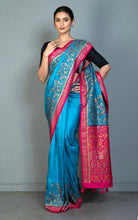 Position Print Thread Work Designer Soft Kani Silk Saree in Cerulean Blue, Antique Golden and Multicolored
