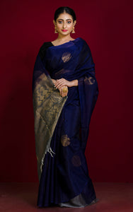 Premium Quality Poth Cotton Silk Kanjivaram Saree in Navy Blue, Grey and Muted Gold Zari Weave