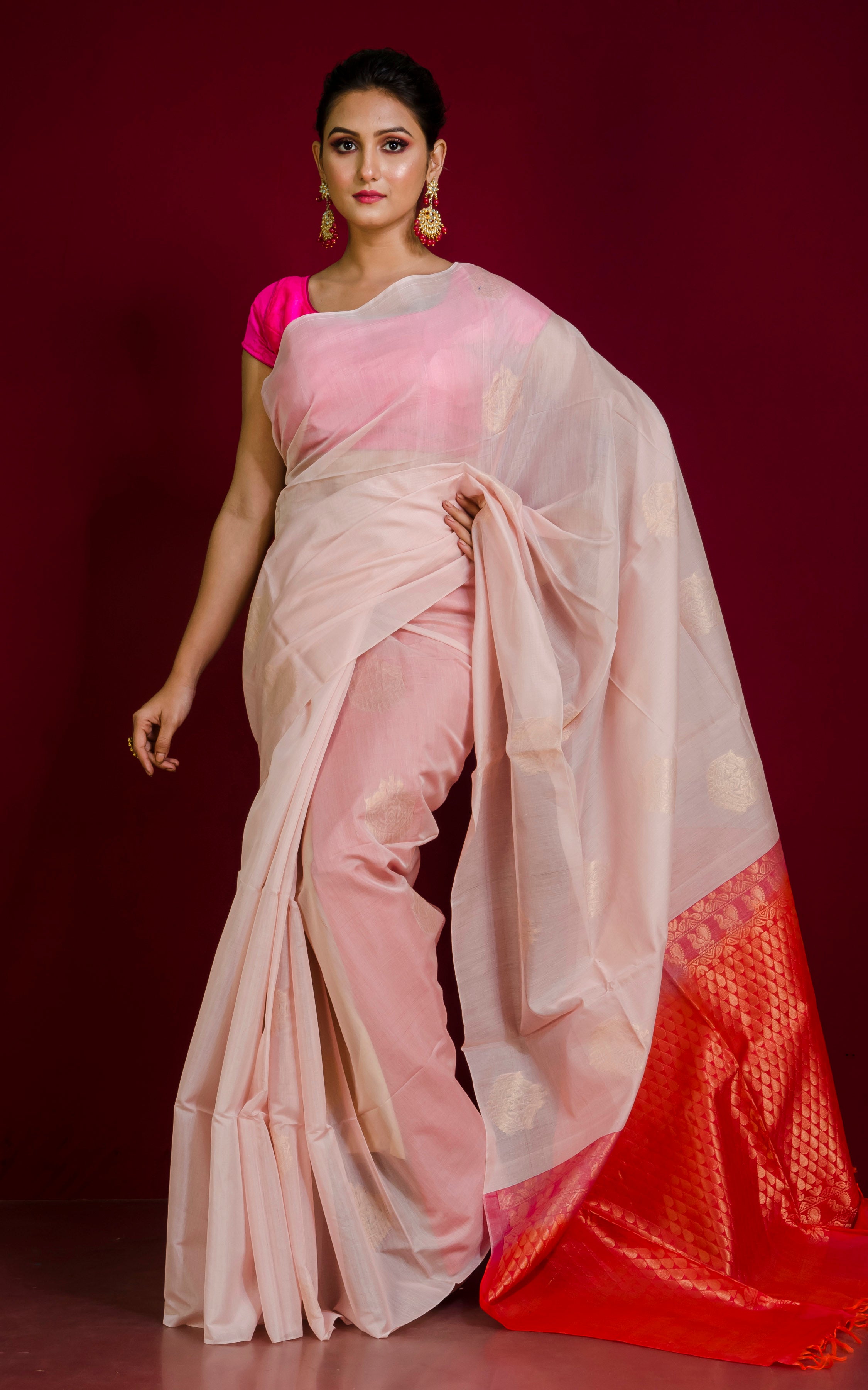 Natural Offwhite Pink Fusion Plain Katan Cotton Silk Saree with Zari Border  - Loomfolks