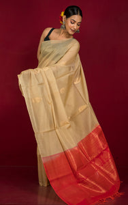Premium Quality Poth Cotton Silk Kanjivaram Saree in Beige, Candy Red and Muted Gold Zari Work