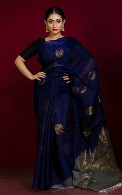 Premium Quality Poth Cotton Silk Kangivaram Saree in Navy Blue, Grey and Muted Gold Zari Weave