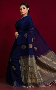 Premium Quality Poth Cotton Silk Kangivaram Saree in Navy Blue, Grey and Muted Gold Zari Weave