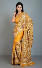 Hand Embroidery Reverse Nakshi Work Kantha Stitch Pure Silk Saree in Mustard Yellow, Off White and Black Thread Work